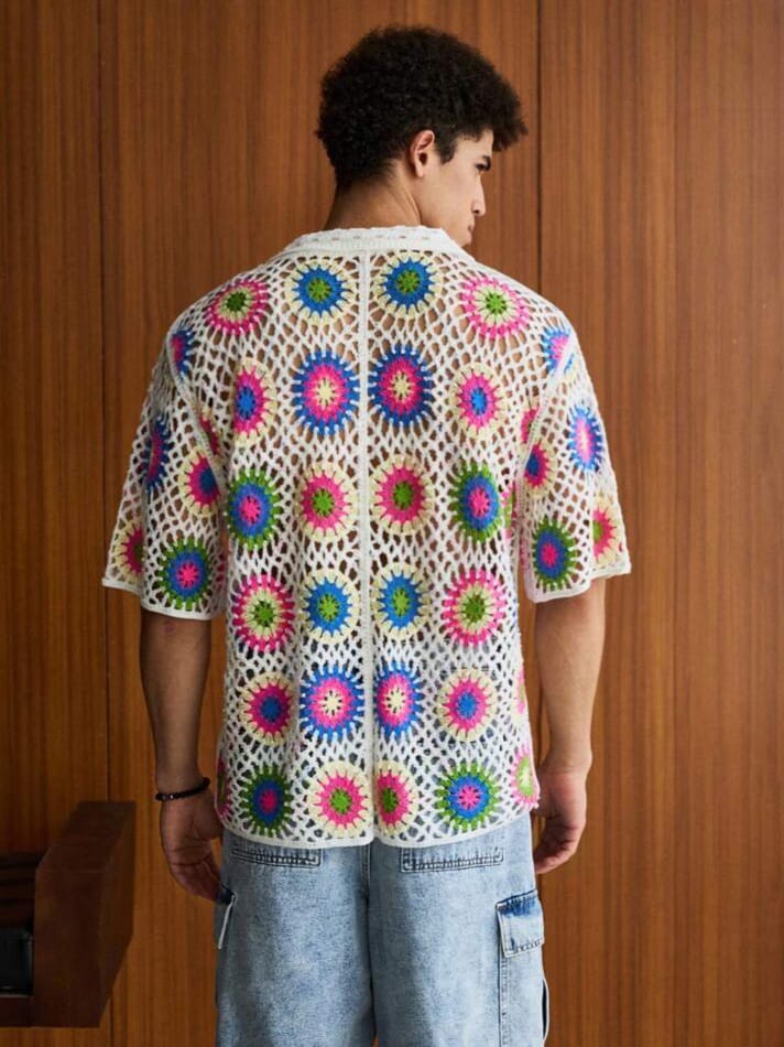 Uptown Funky Men's Floral Pattern Hollow Knit Short Sleeve Single-Breasted Sweat Shirt
